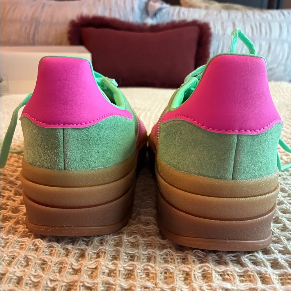 adidas mint green suede sneakers with pink stripes and gum platform